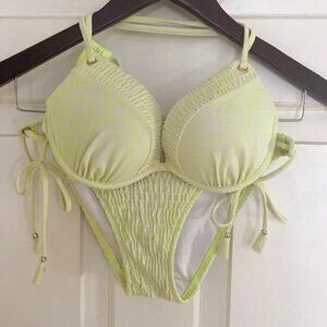 Bikini Push Up 34B Small Neon Ruched Gold Accents Sexy